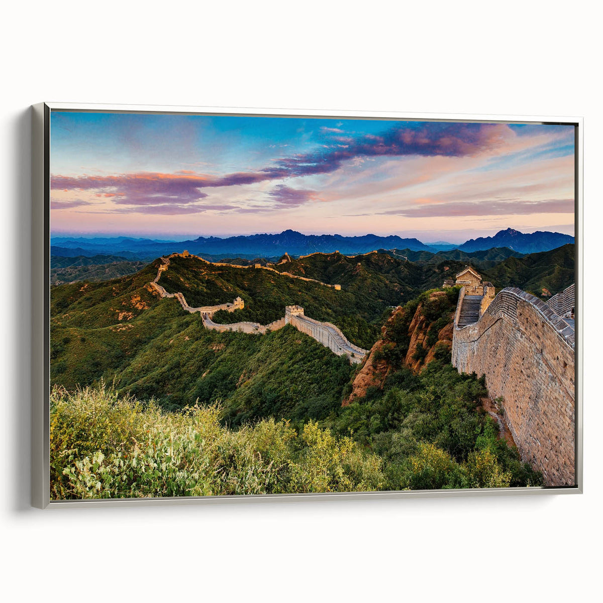 Landscape art painting of the Great Wall of China in muted earth tones on a framed canvas, ideal for office wall decor.