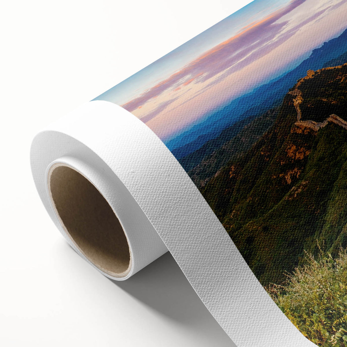 Art deco poster of the Great Wall of China in muted earth tones on rolled canvas.