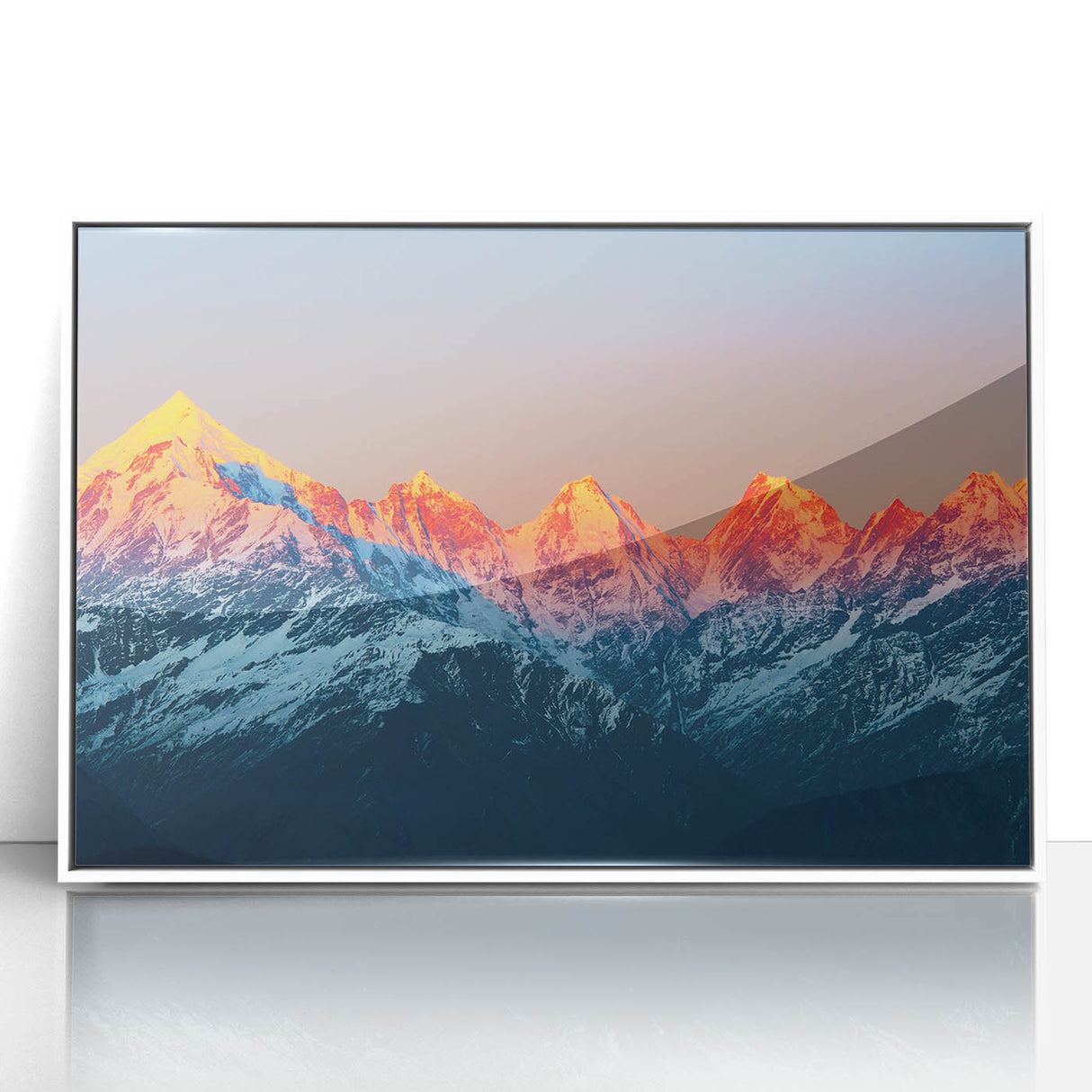 Framed acrylic print of a stylized Indian landscape in art deco style, using muted earth tones.