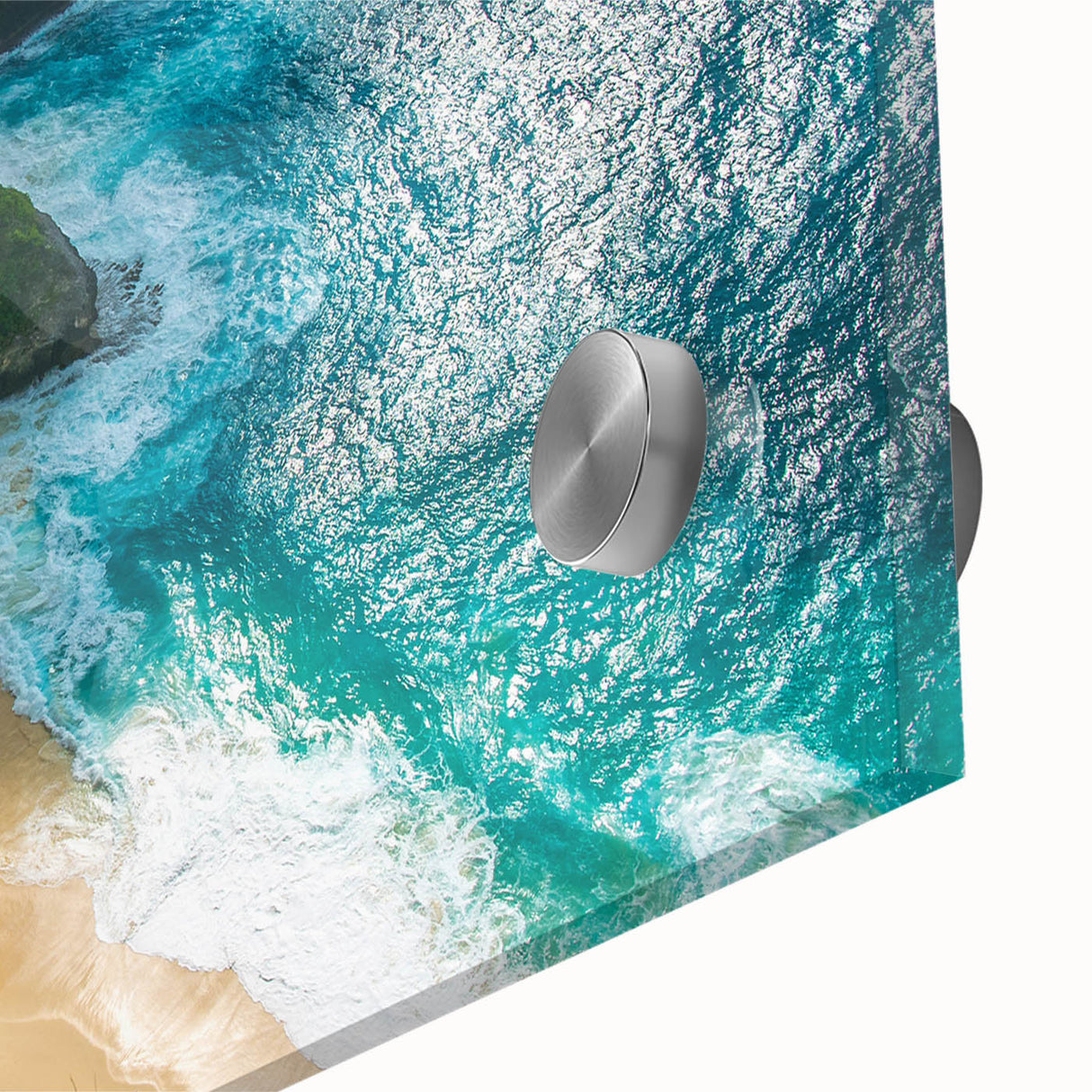 Large abstract wall art depicting a serene Indonesian landscape in pastel shades on acrylic glass.