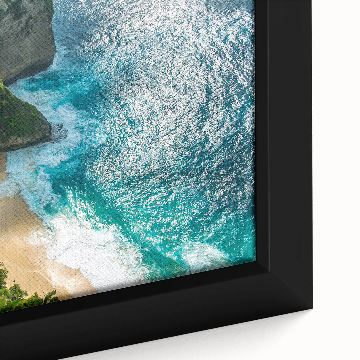 Extra large framed canvas featuring a textured depiction of an Indonesian landscape in black with colorful art accents.
