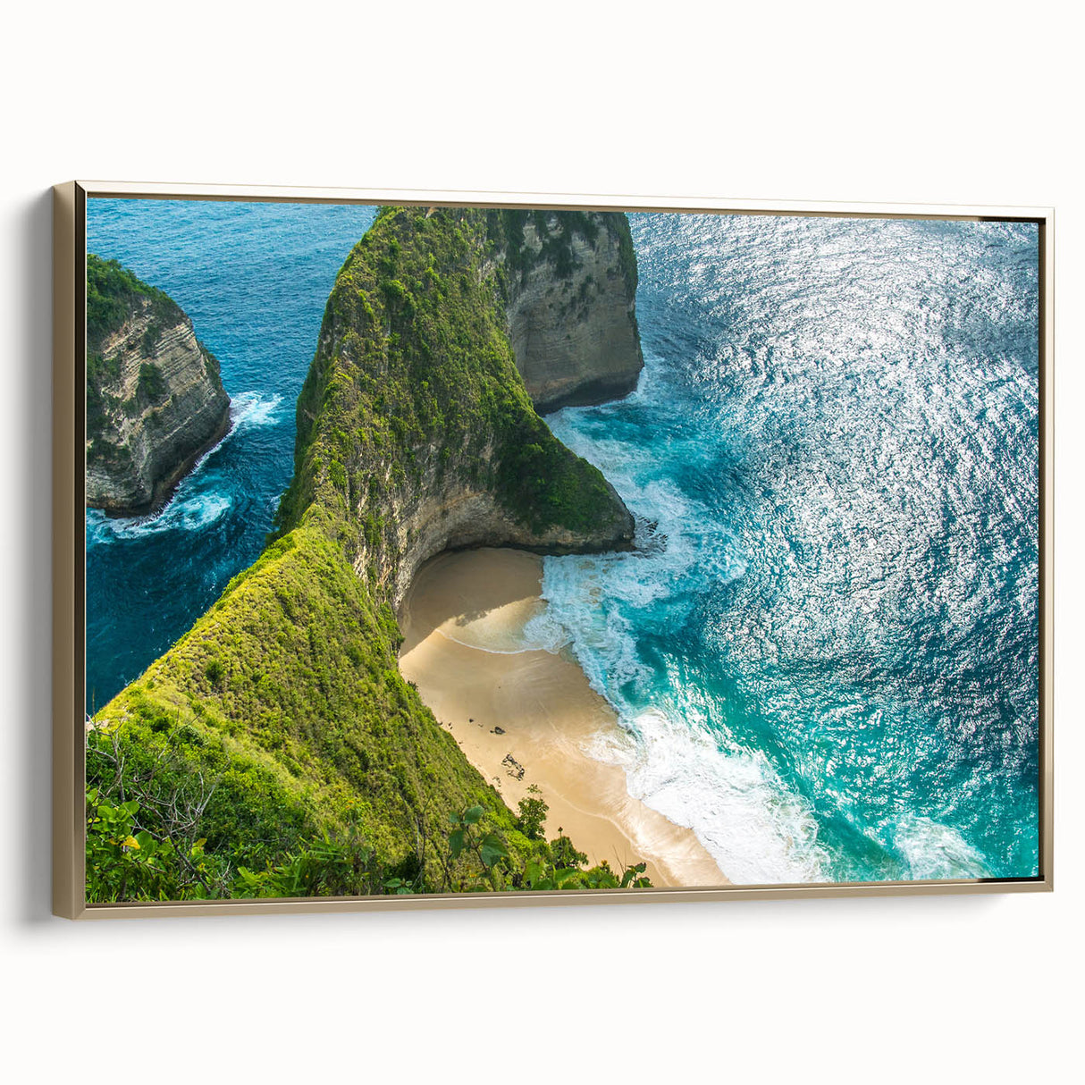 Framed canvas depicting a serene Indonesian landscape in muted earth tones, ideal for bedroom wall art.