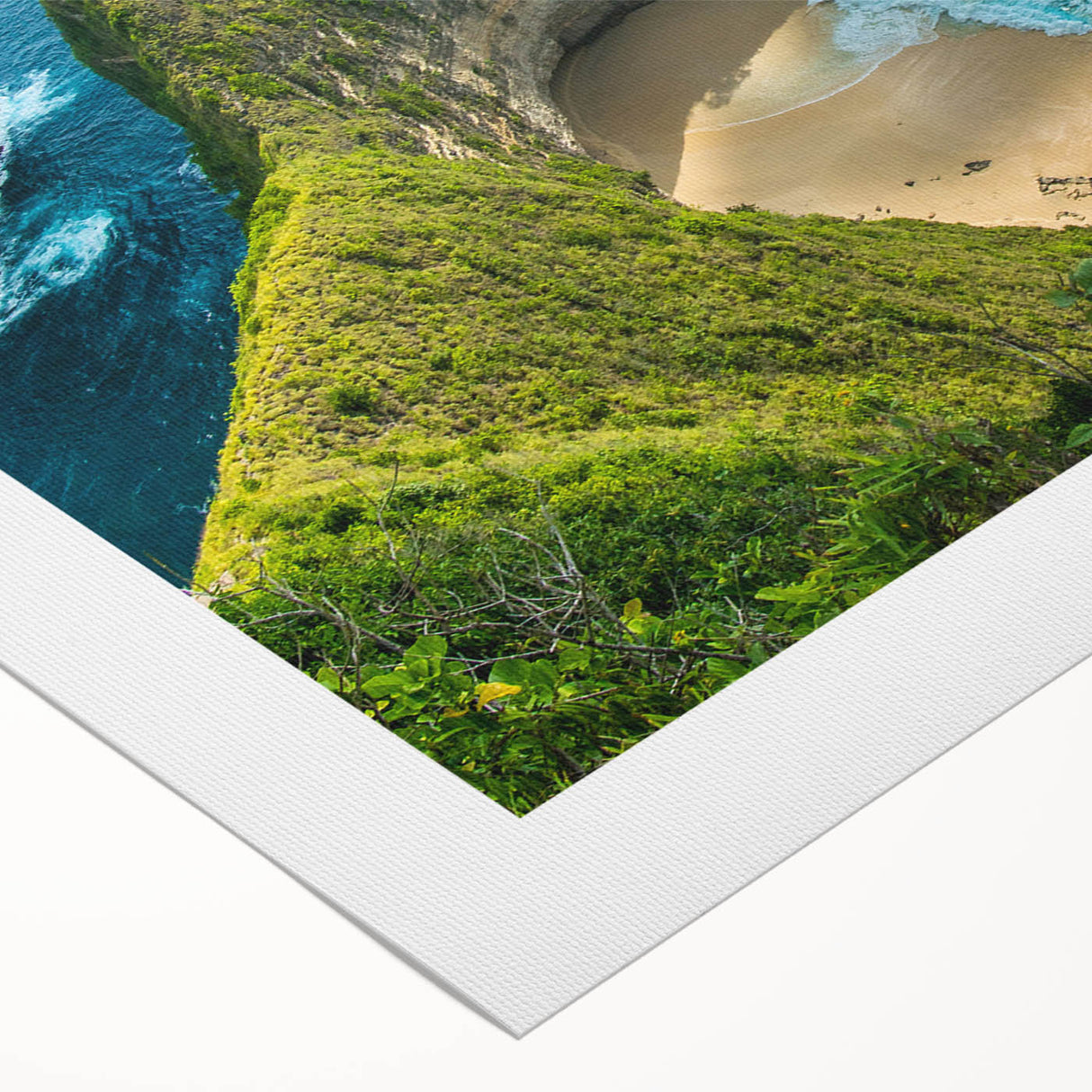 Art deco poster of a serene Indonesian landscape in muted green and blue tones on rolled canvas, ideal for dining room decor.