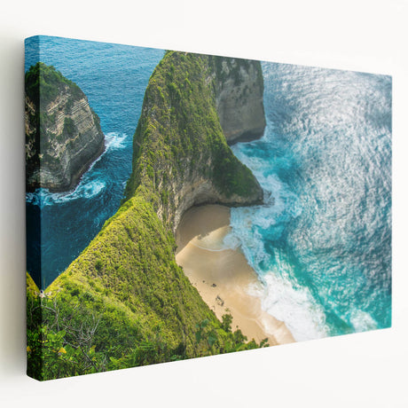 Large canvas print depicting a serene Indonesian landscape in muted green and blue tones, suitable for kitchen wall art.
