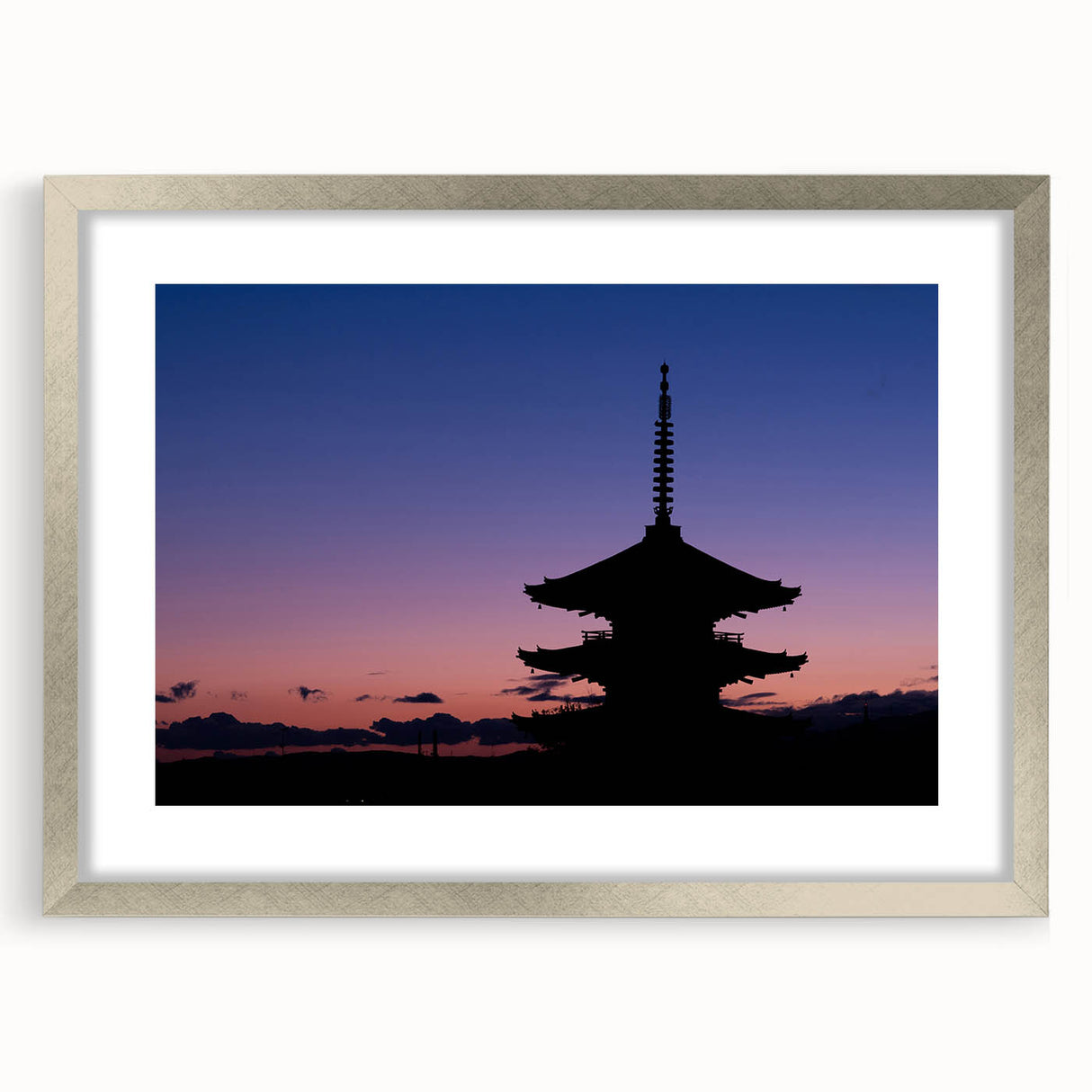 Textured abstract art print of a Kyoto scenery in muted green and brown tones, framed in silver, ideal for bedroom decor.