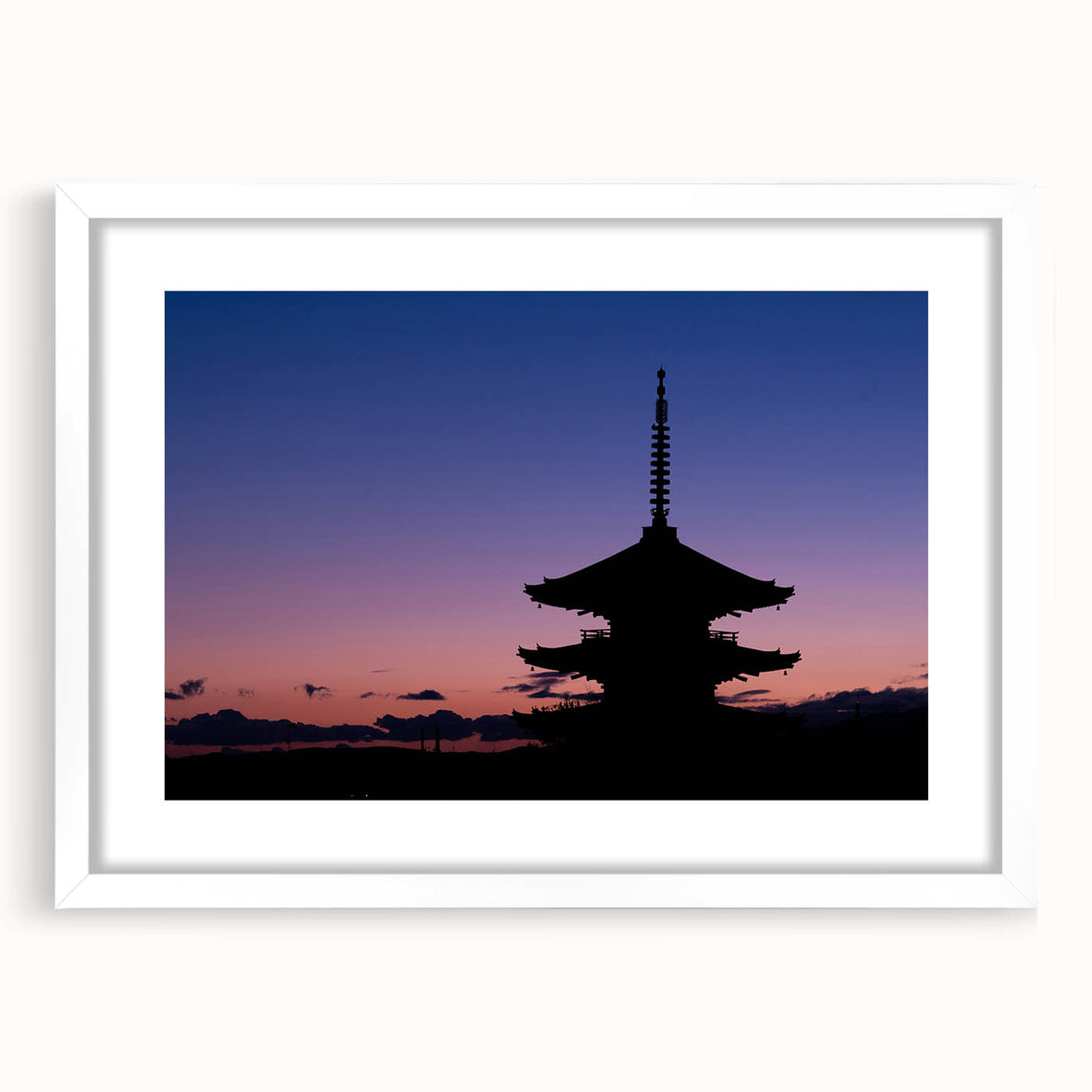 Abstract art print of a Kyoto landscape in muted earth tones on a framed white mat, ideal for dining room decor.