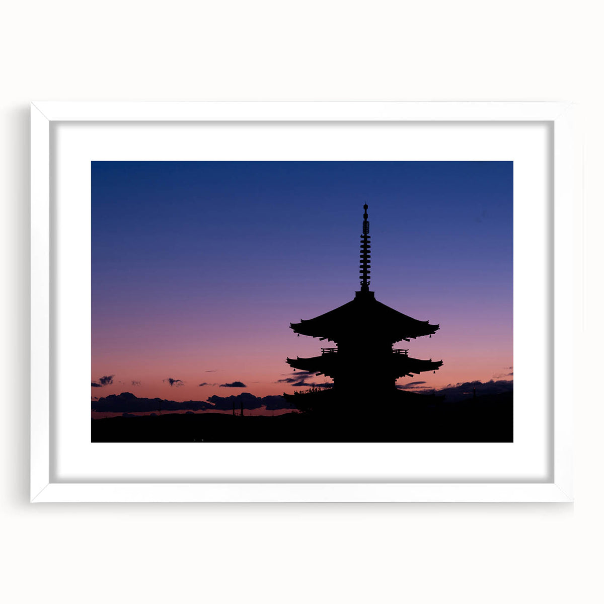 Abstract art print of a Kyoto landscape in muted earth tones on a framed white mat, ideal for dining room decor.