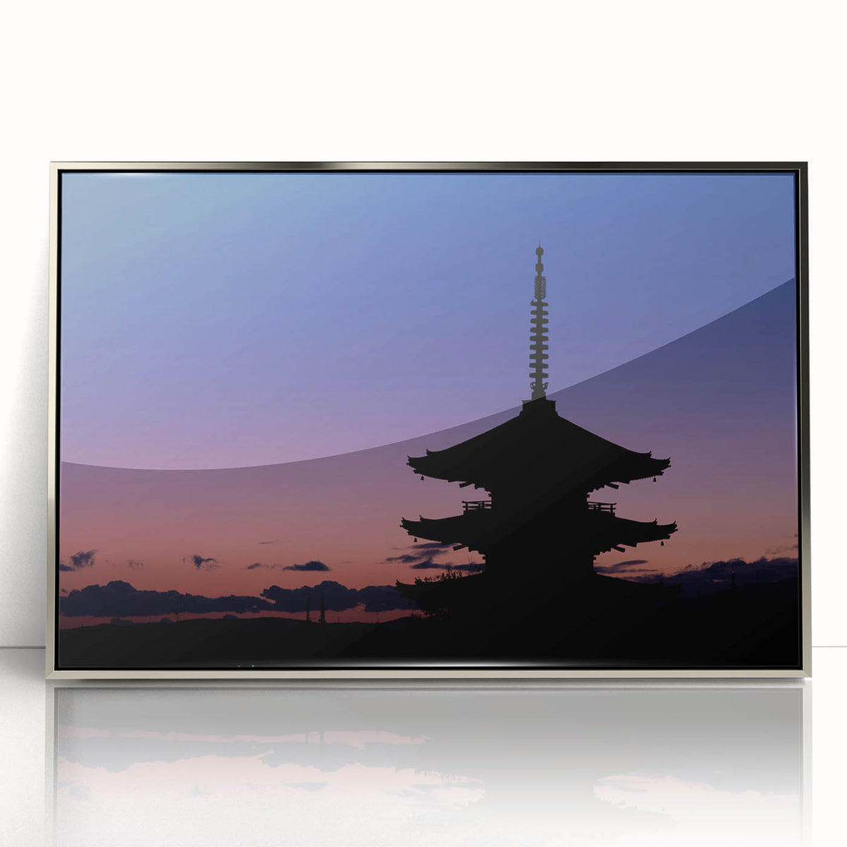 Mid-century modernist art depicting a serene Kyoto landscape in muted greens and blues on a framed acrylic print.