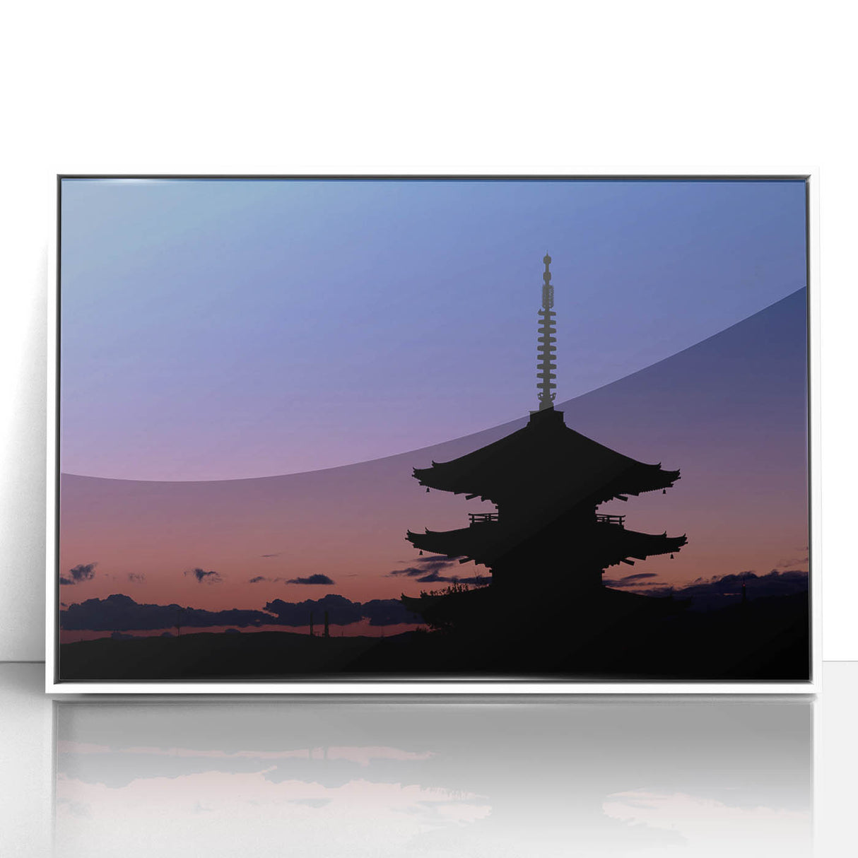 Art deco poster of Kyoto scenery in muted green and white tones, acrylic print framed in white.