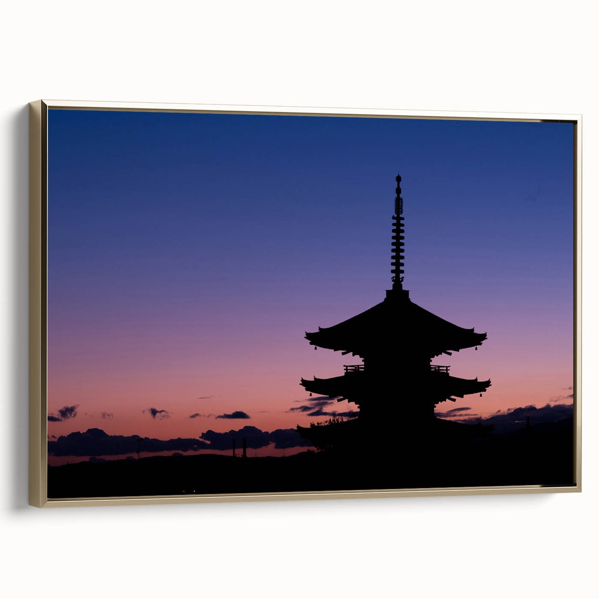 Framed canvas of a vintage-style Kyoto landscape in muted gold and black, ideal for bedroom wall art.