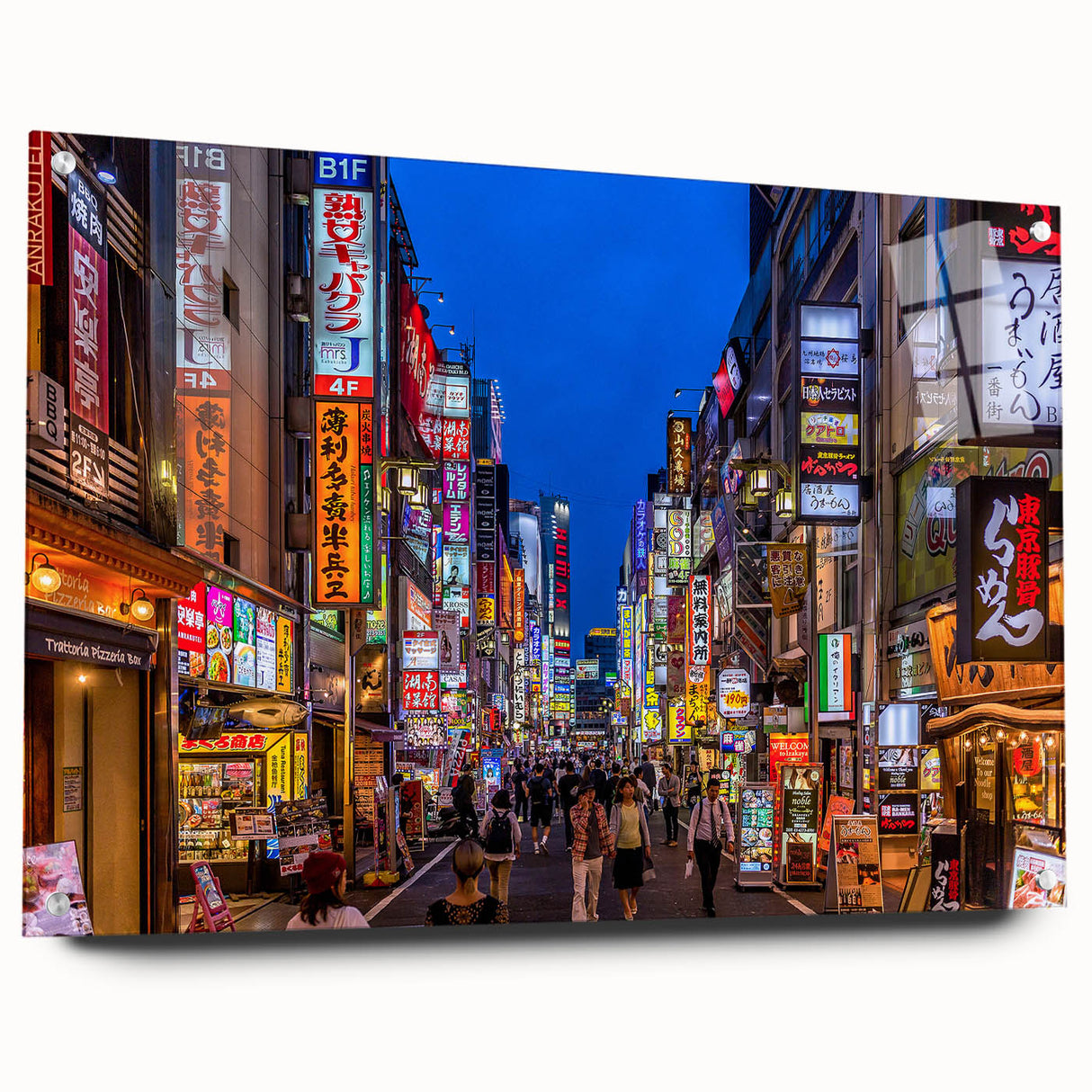 Acrylic print of Tokyo skyline in muted gray and blue tones, suitable for modern bedroom or dining room decor.