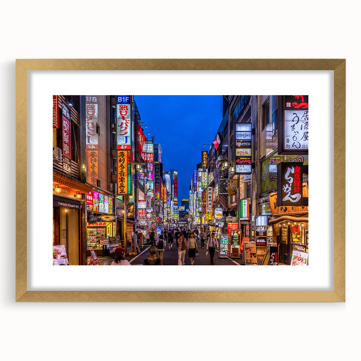 Extra large abstract art print of Tokyo skyline in textured gold frame, ideal for living room decor.