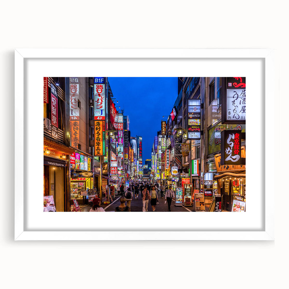 Abstract art print of Tokyo skyline in muted gray and blue tones on a framed white mat, suitable for dining room decor.