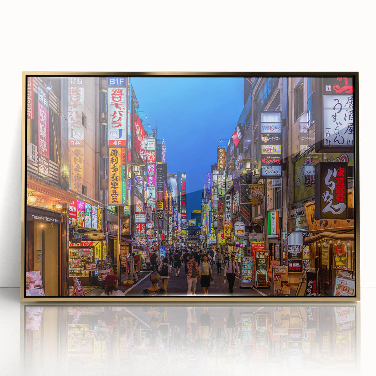 Mid-century modernist Tokyo skyline in muted gold and black hues on a framed acrylic, ideal for modern art wall decor.