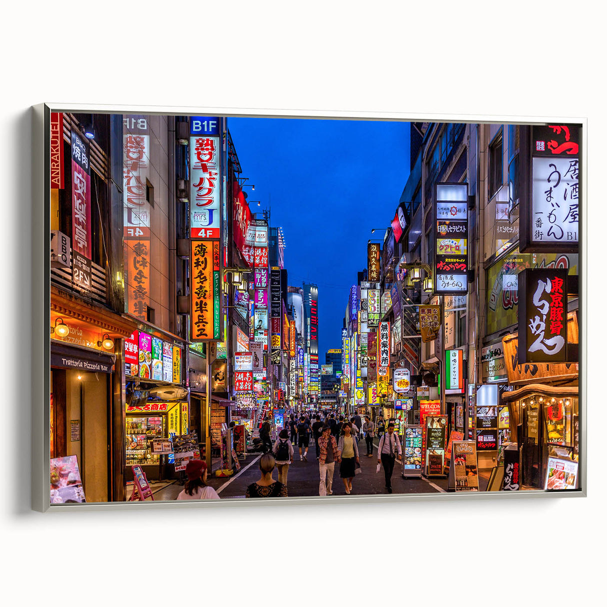 Framed canvas featuring a vintage-style Tokyo landscape with colorful art elements and a black border.