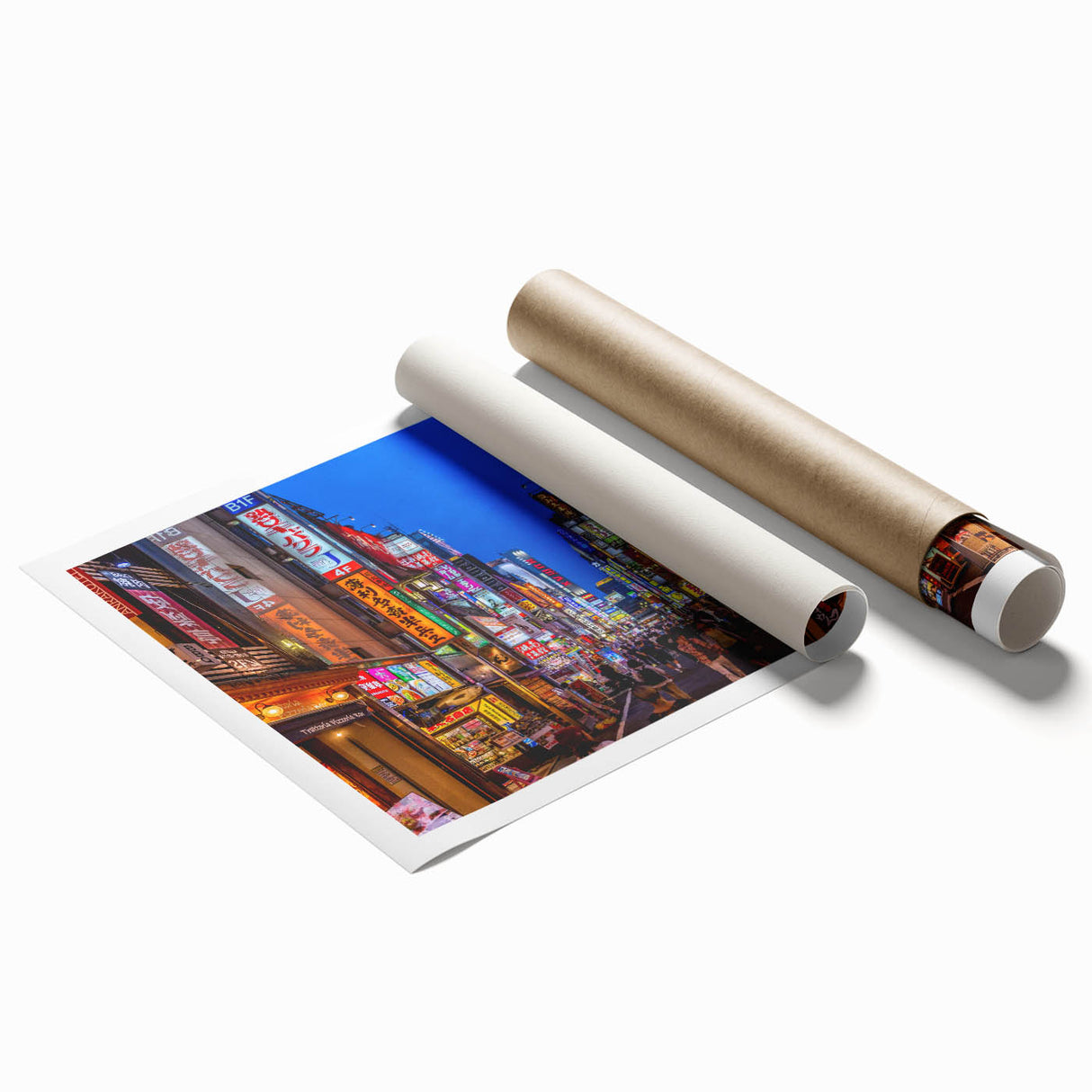 Extra large rolled print of Tokyo scenery with floral accents in soft hues.