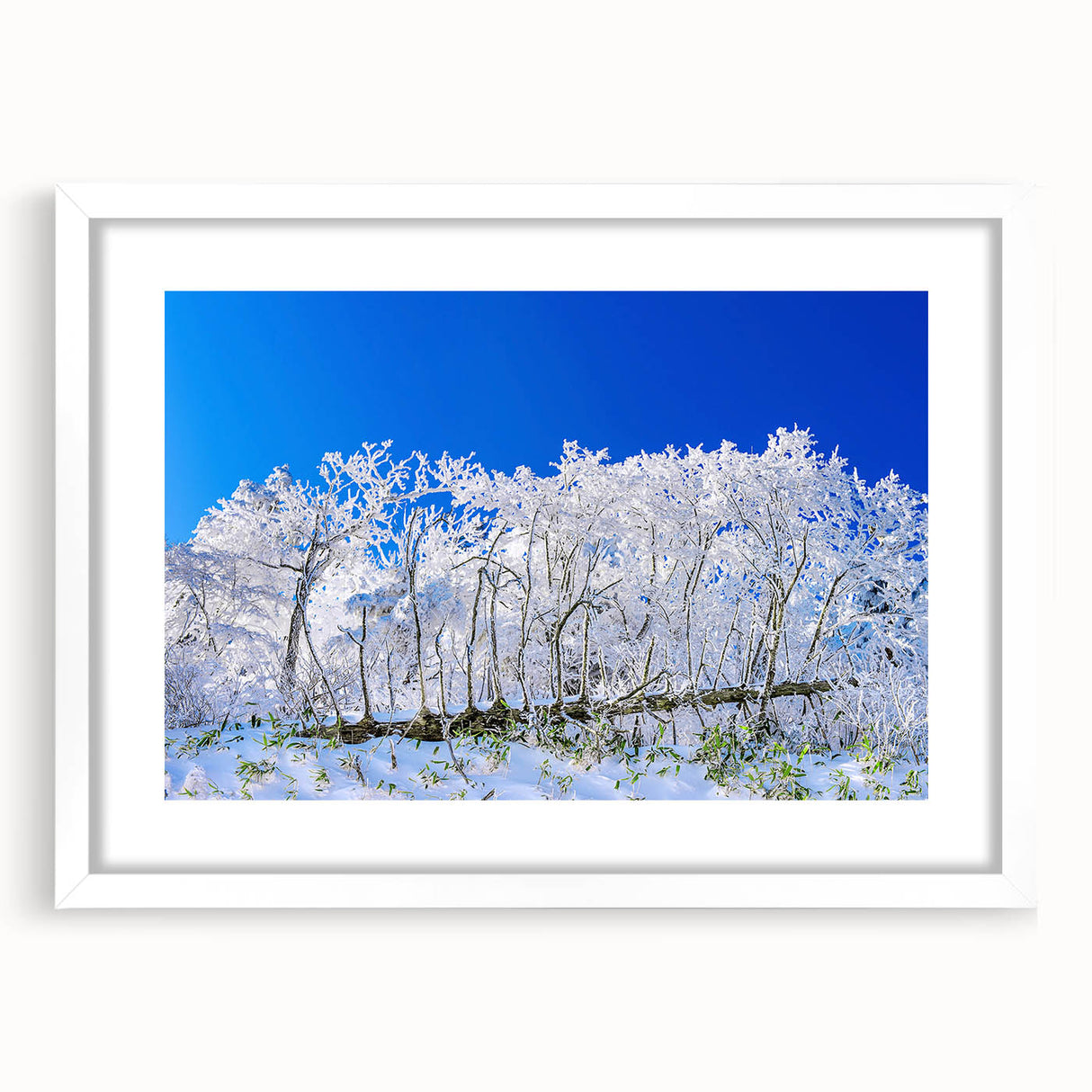 Abstract art print of an Asian landscape in muted earth tones on a framed white canvas, ideal for dining room decor.