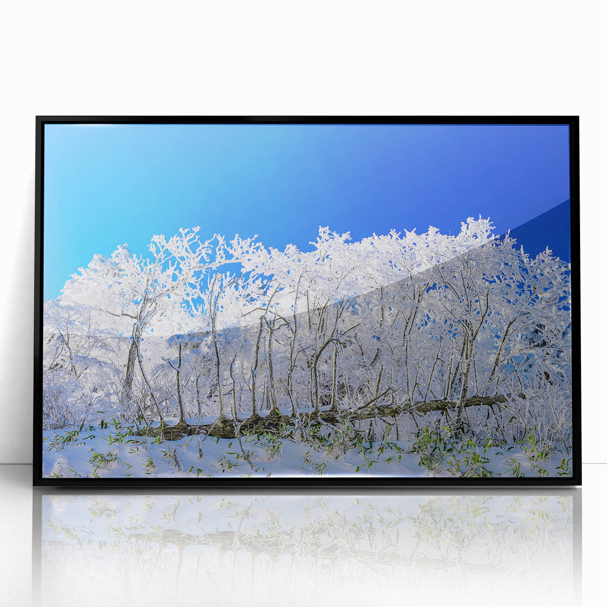 Large abstract wall art depicting a serene Korean landscape in muted earth tones, framed in black acrylic.