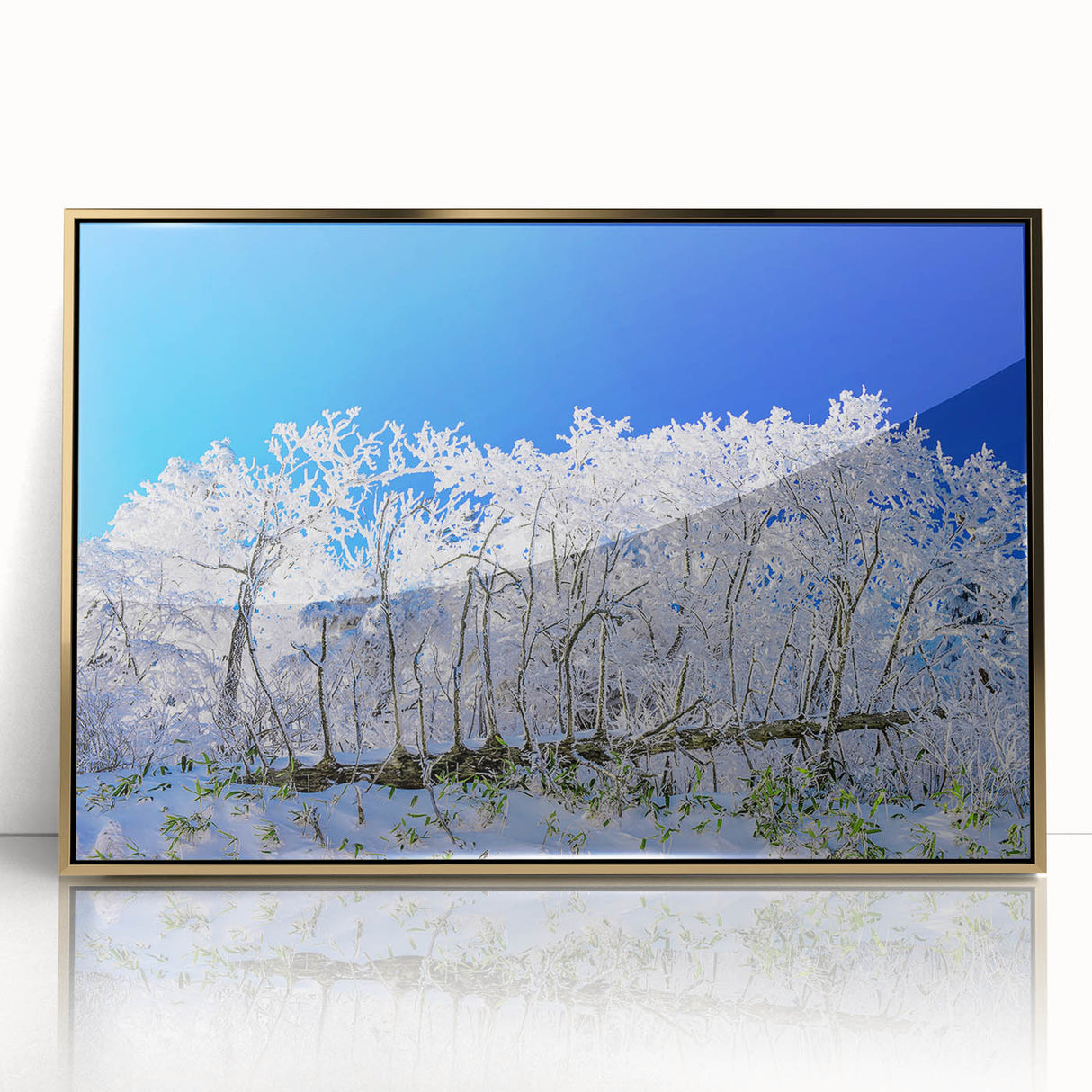 Large art print of a serene Korean landscape in muted gold and green tones, framed acrylic.