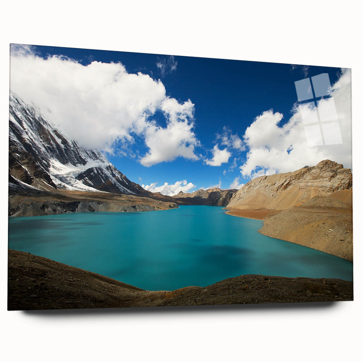 Large abstract wall art featuring a serene Nepalese landscape in muted green and blue hues on acrylic glass.