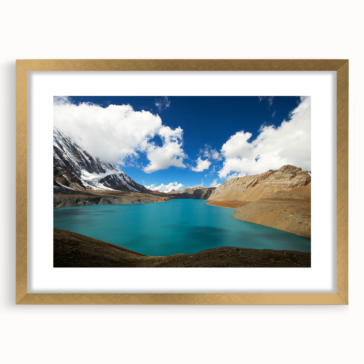 Extra large abstract art print of a textured Nepal scenery in gold frame, ideal for living room decor.