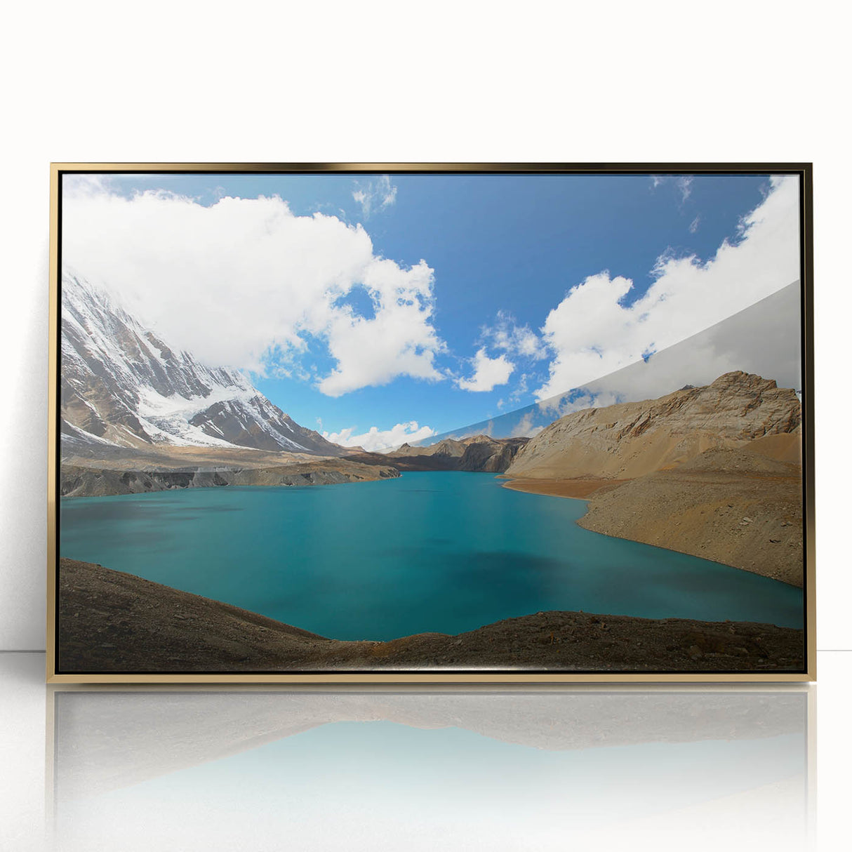 Framed acrylic print of a serene Nepali landscape in soft gold and green tones, suitable for modern art wall decor.