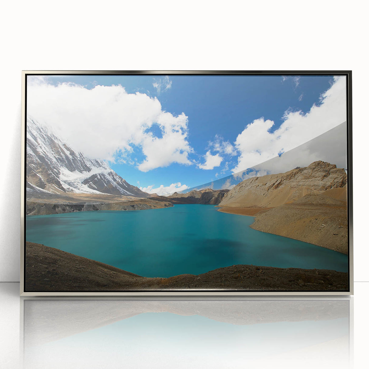 Mid-century modernist art depicting a serene Nepalese landscape in soft pastel shades, framed in silver acrylic.