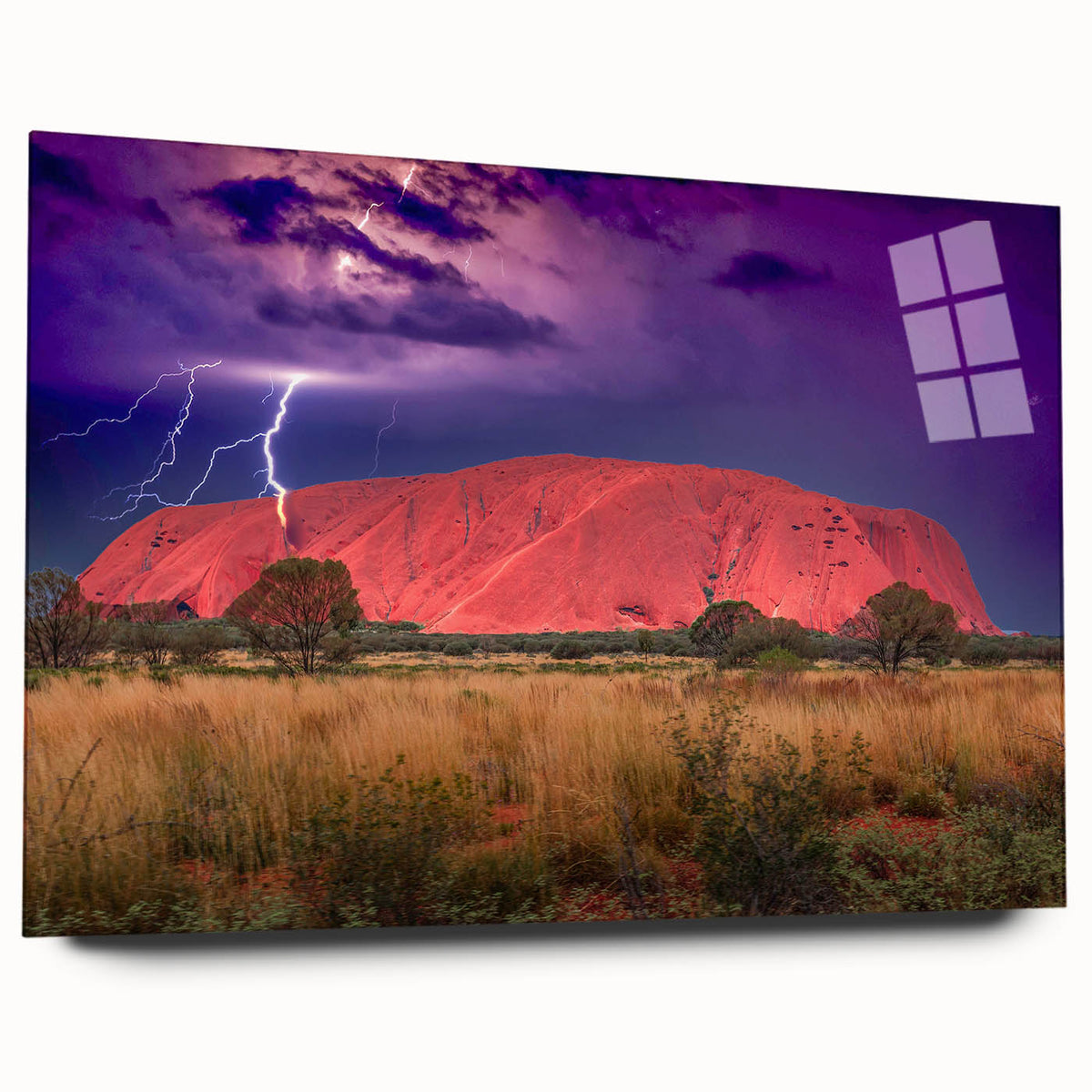 Large abstract wall art of Ayers Rock in muted orange and brown tones on acrylic glass, suitable for modern art wall decor.