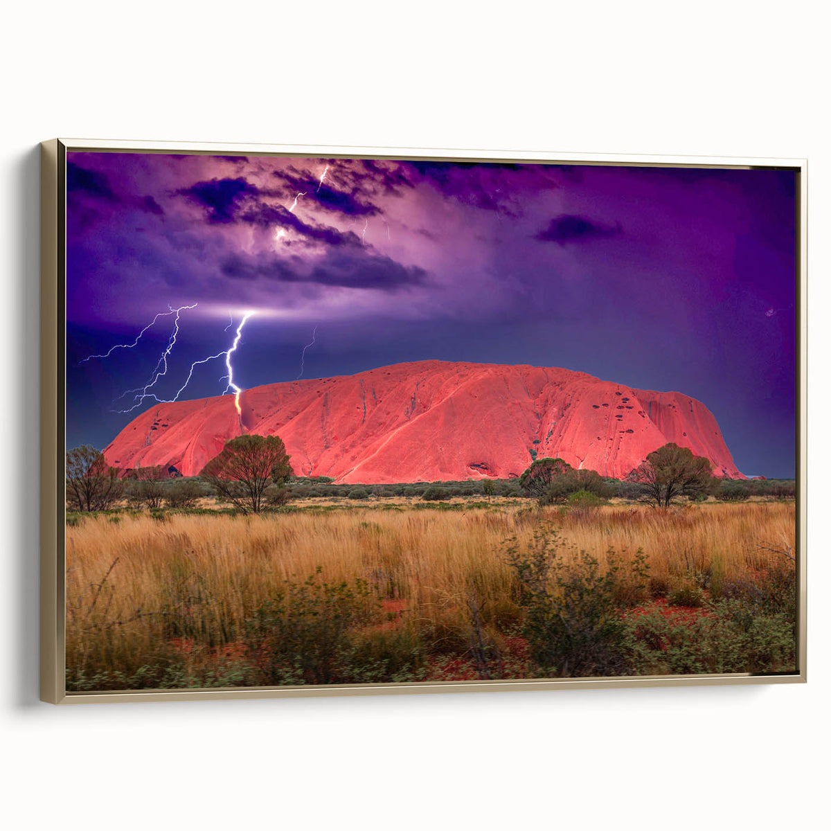 Landscape art painting of Ayers Rock in muted earth tones on a framed canvas, ideal for living room decor.
