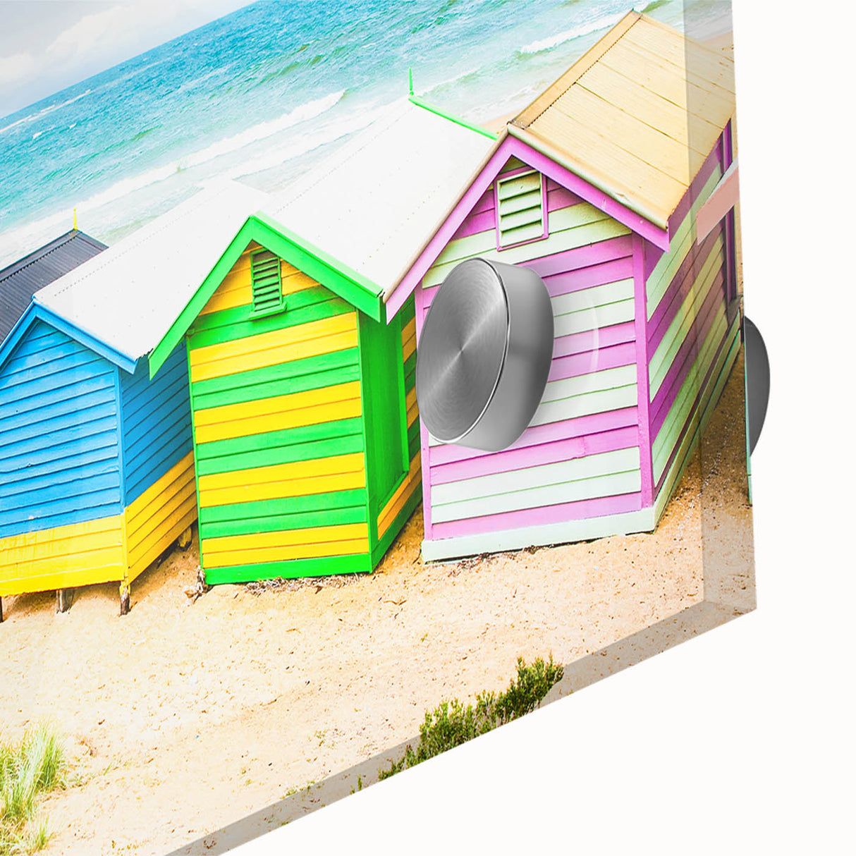 Large abstract depiction of Melbourne skyline in muted blue and orange tones on acrylic glass.