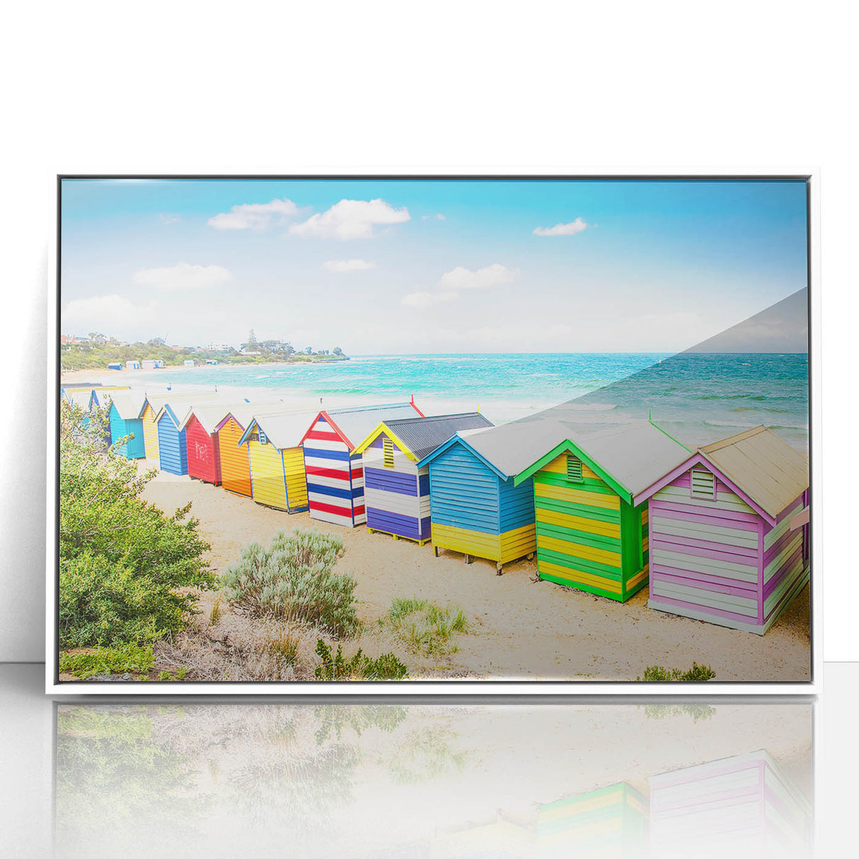 Framed acrylic print of Melbourne skyline in muted gray and blue tones, ideal for modern bedroom ambiance.