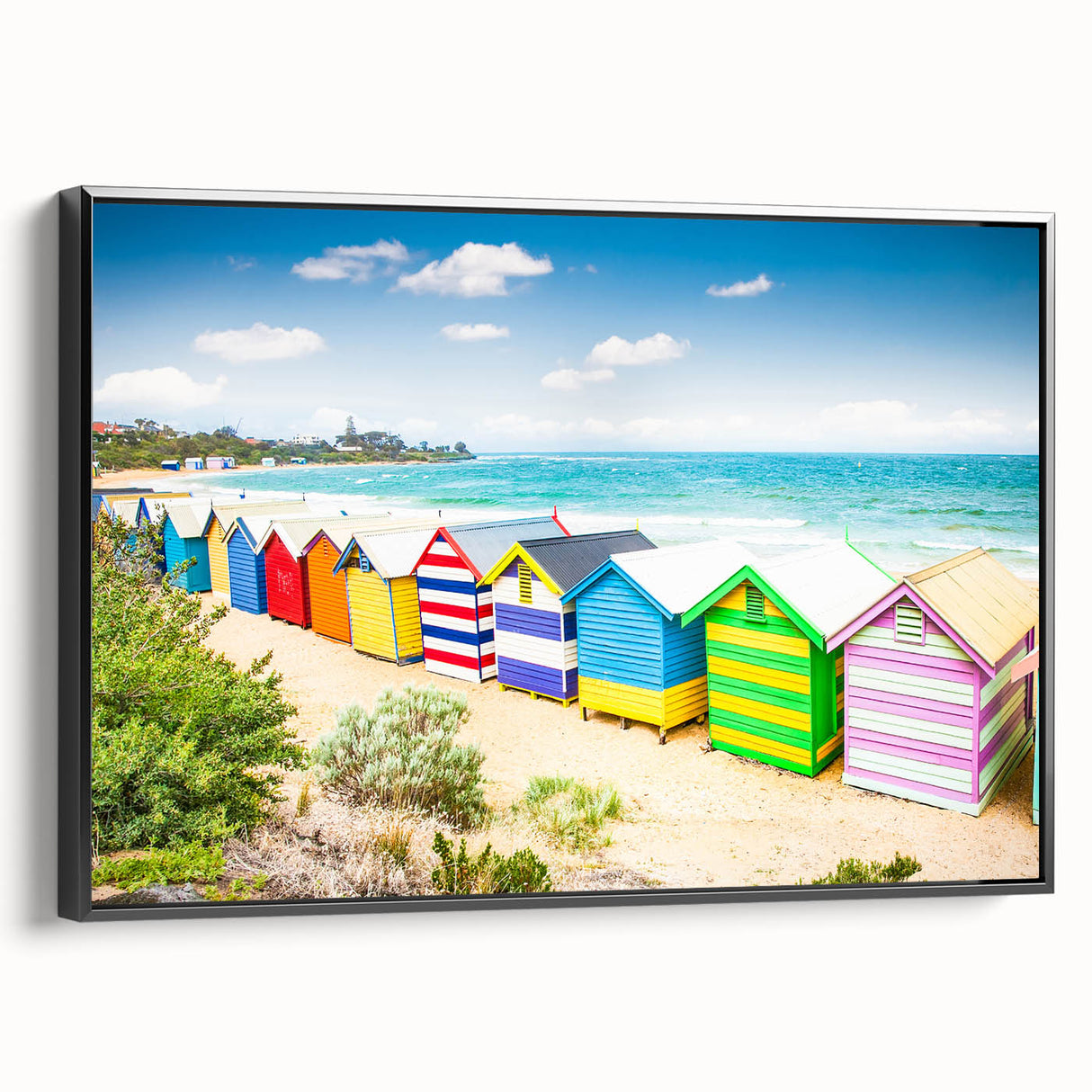 Black and white framed canvas of Melbourne skyline with vintage poster art style, ideal for bedroom wall decor.