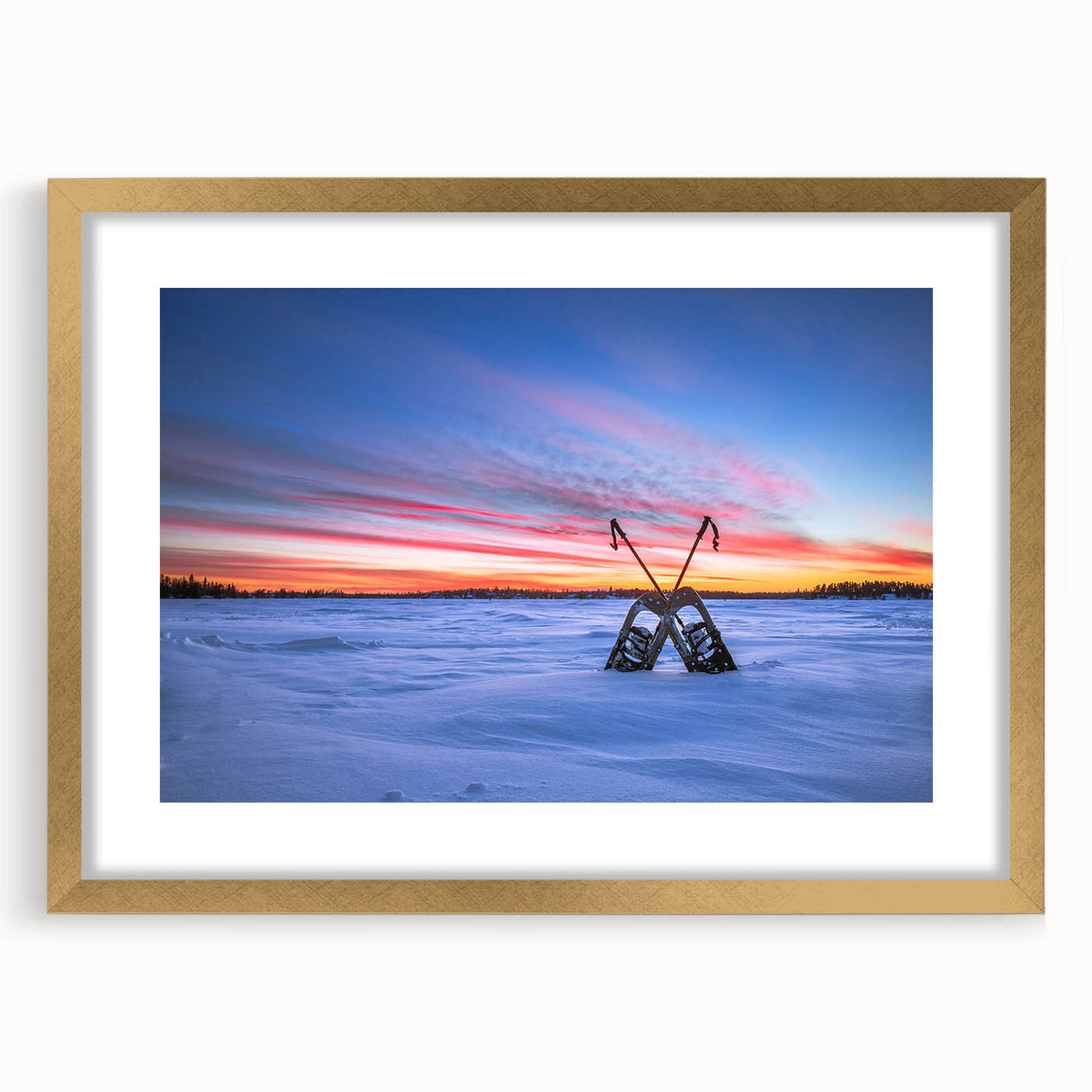 Extra large abstract art print of a textured Manitoba scenery in muted earth tones, framed with a gold mat.