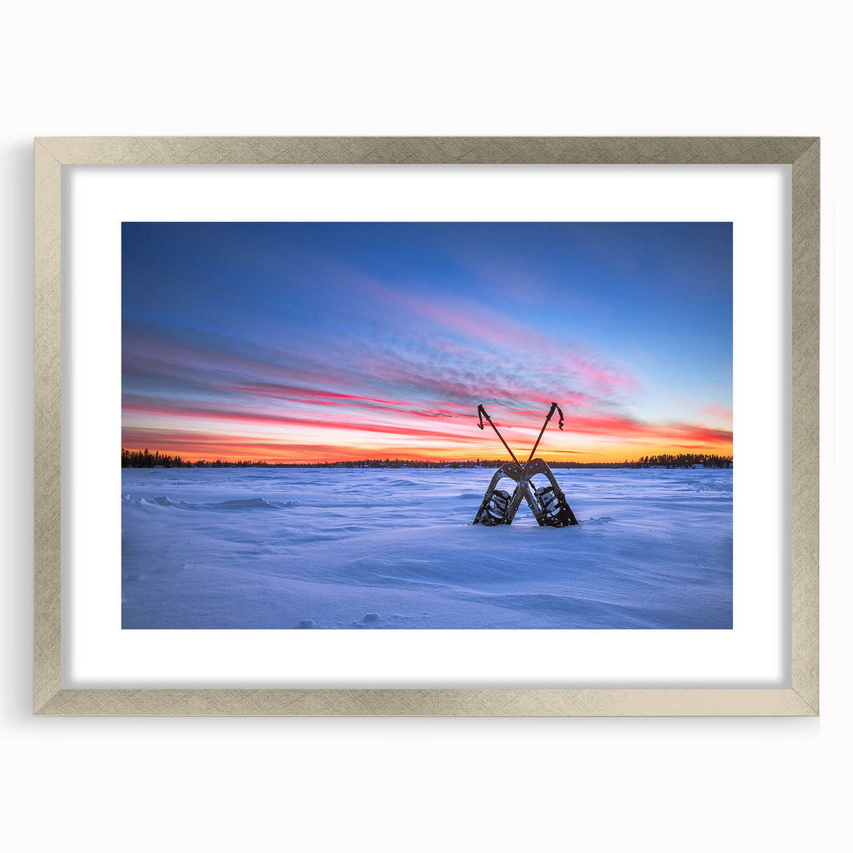 Textured abstract art print of Manitoba scenery in muted earth tones, framed with a silver mat, suitable for bedroom art.