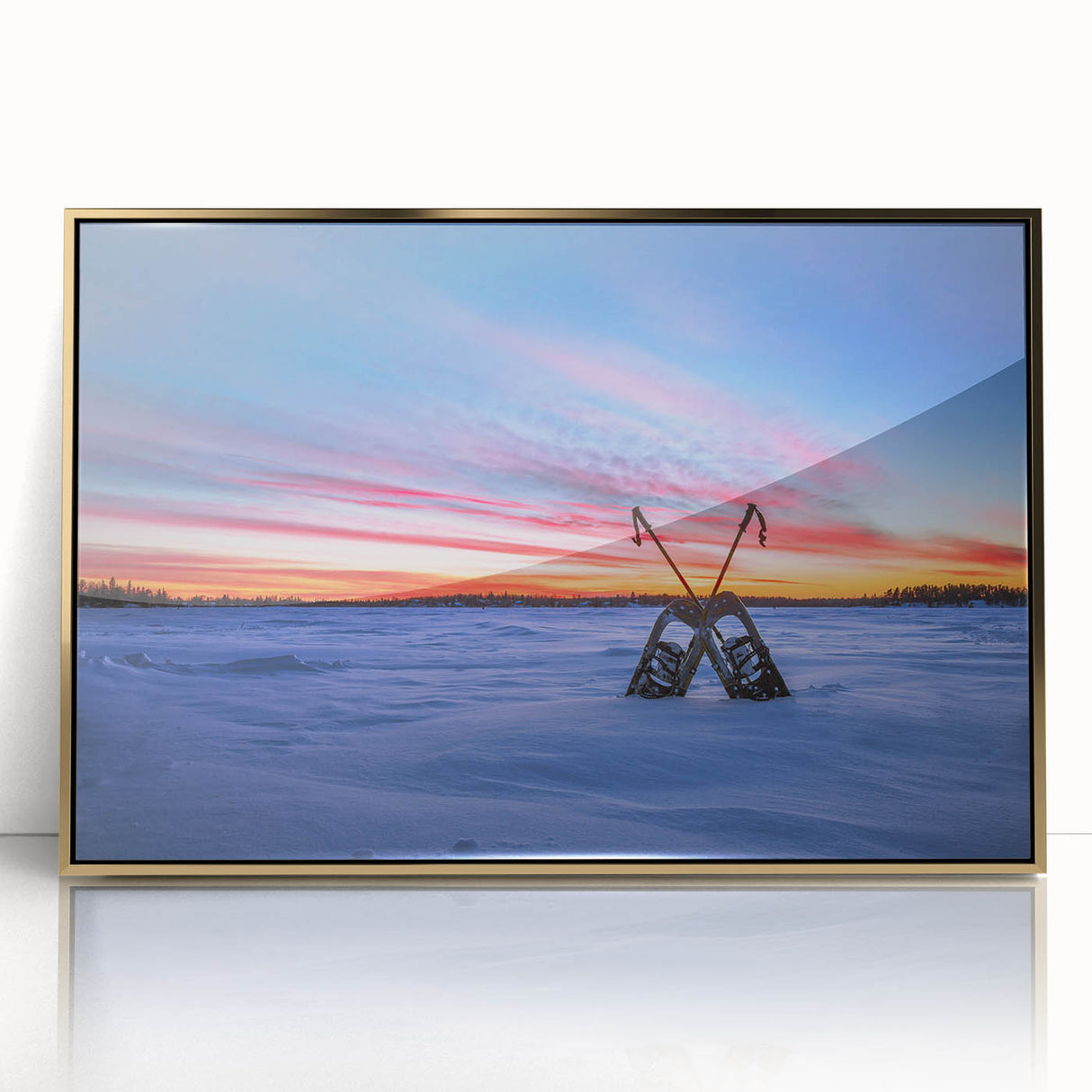 Mid-century modernist style large art print of Manitoba scenery in gold frame, ideal for modern art wall decor.