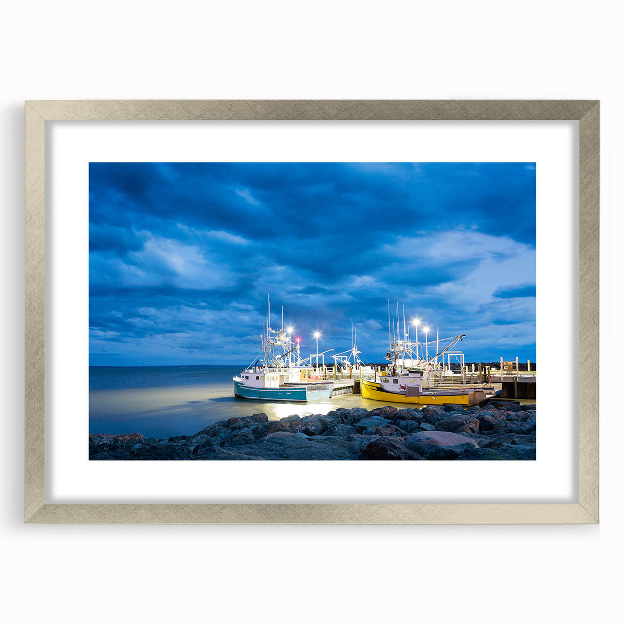 Textured abstract art print of New Brunswick scenery in muted earth tones, framed in silver, ideal for bedroom art.