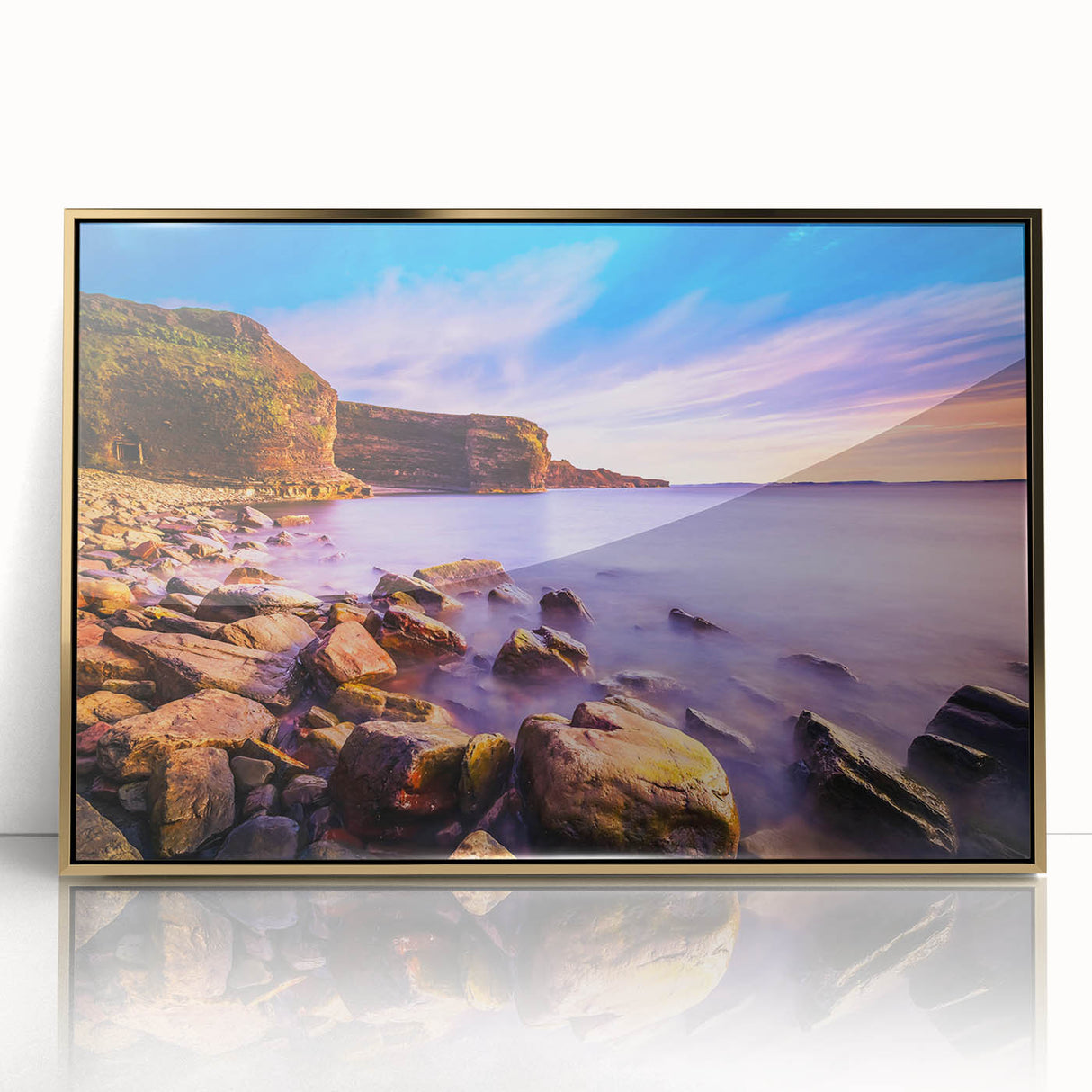 Large art print of a Newfoundland scenery in muted earth tones on a framed acrylic, ideal for modern art wall decor.