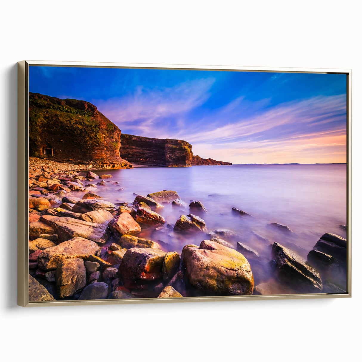 Framed canvas depicting a vintage-style Newfoundland landscape in muted gold and black tones, ideal for bedroom wall decor.