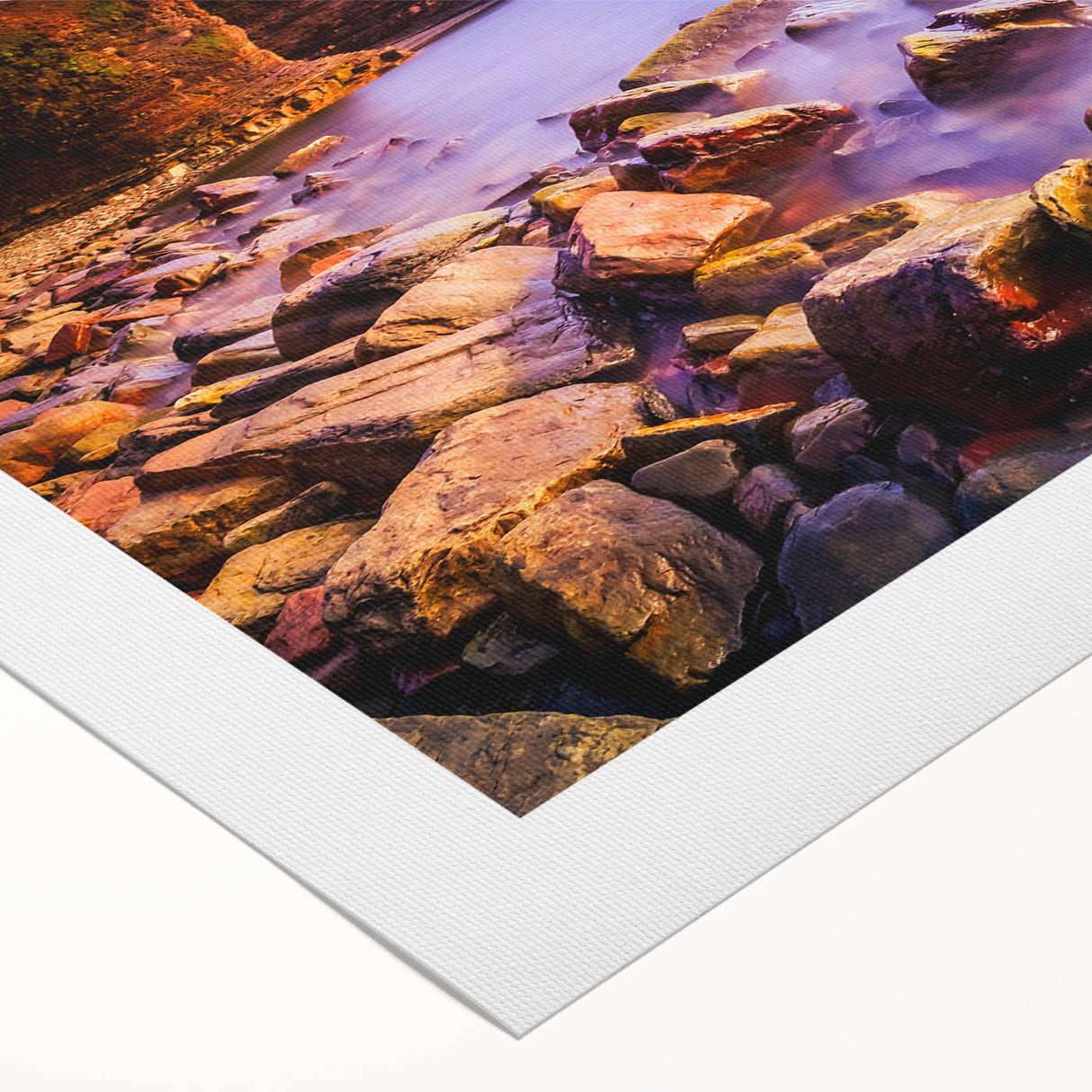 Art deco poster of a Newfoundland scenic coastline in muted blue and grey tones on rolled canvas.