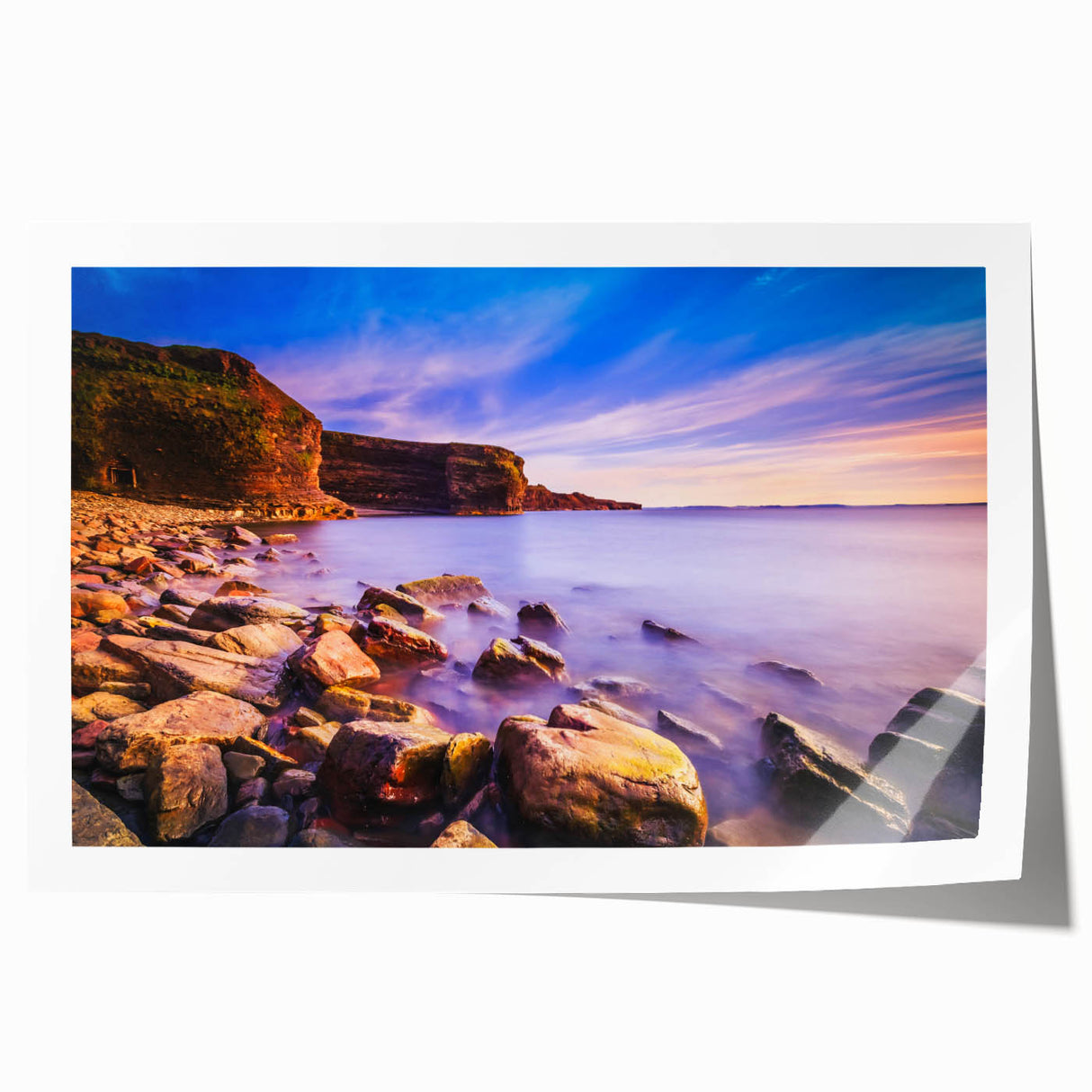 Rolled print of a Newfoundland scenic landscape in soft green and blue tones, ideal for art wall dining room.