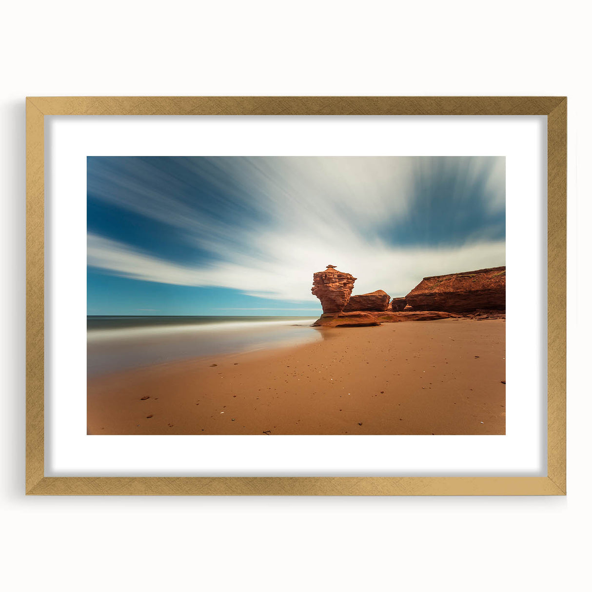 Extra large textured abstract art print depicting a serene Prince Edward Island scenery in muted earth tones, framed in gold.