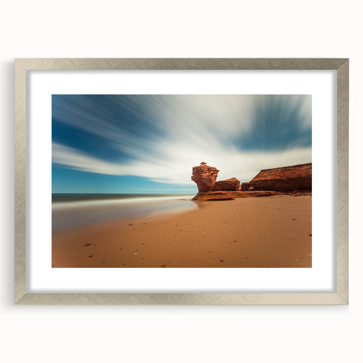 Textured abstract art print of Prince Edward Island scenery in muted earth tones, framed in silver, ideal for bedroom art.