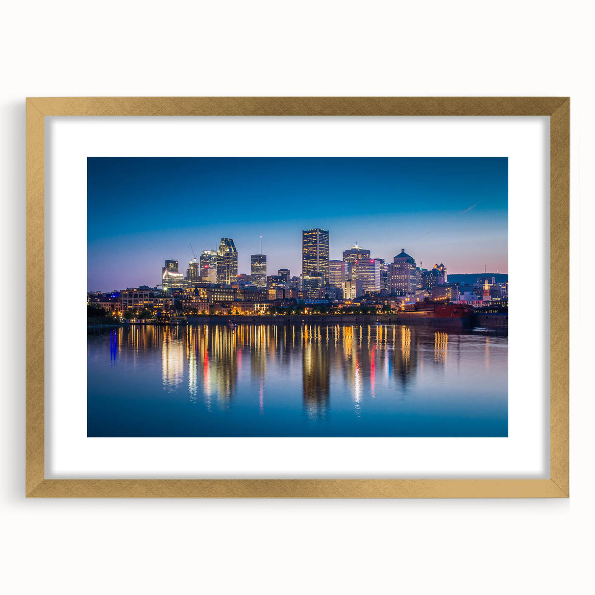 Abstract art print of Quebec scenery in textured gold frame, featuring muted earth tones, ideal for living room decor.