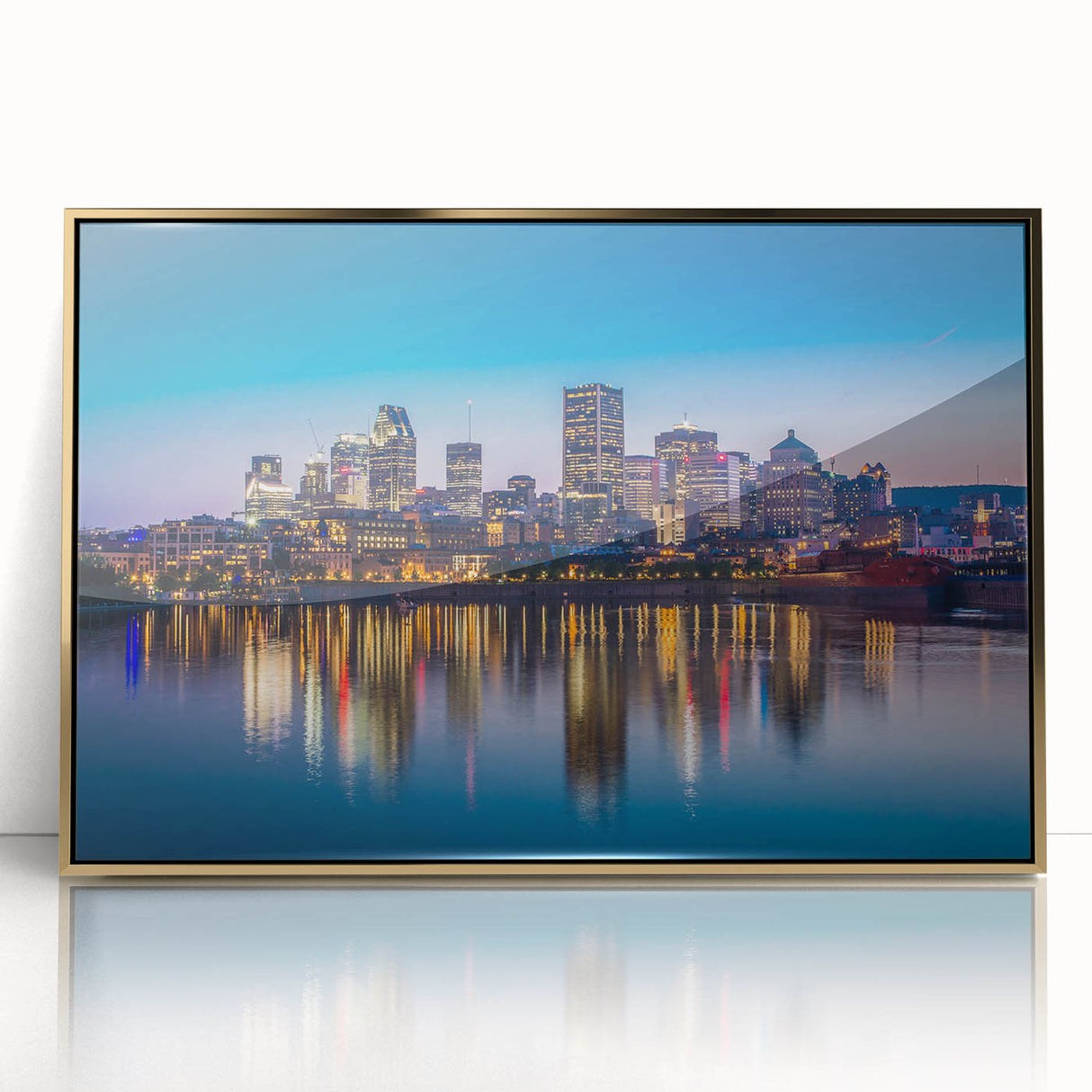 Acrylic print of a serene Quebec landscape, framed in gold, in mid-century modernist style, suitable for nursery wall art.