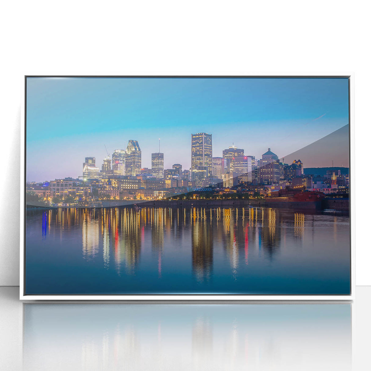 Art deco poster of Quebec scenery in muted blue and white tones, framed acrylic print, suitable for nursery wall art.