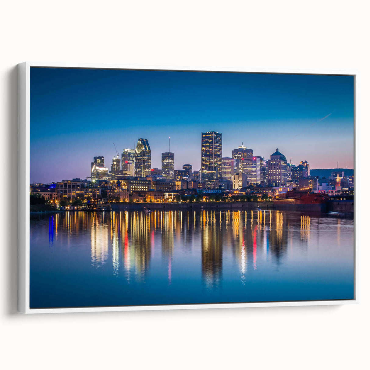 Vintage poster art of a scenic Quebec landscape, colorful palette on framed canvas, ideal for living room decor.