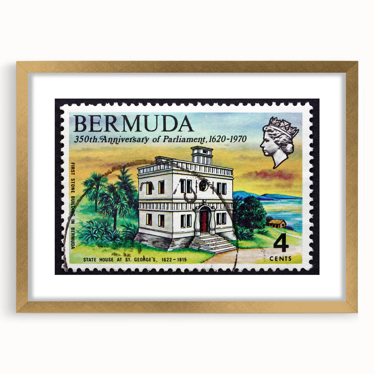Abstract art print featuring a Caribbean Bermuda scenery in muted blue and green hues on a framed canvas.