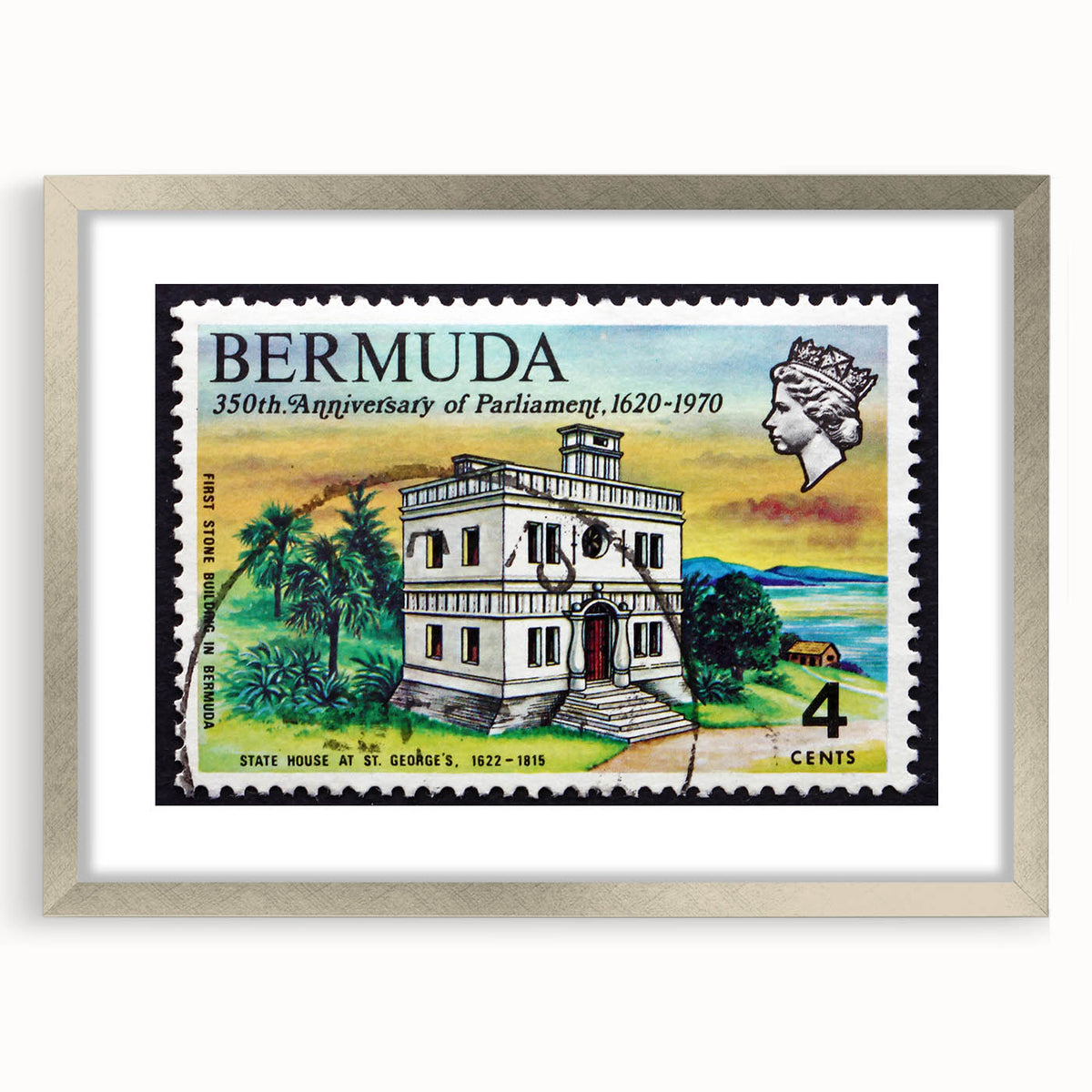 Extra large abstract art print of Caribbean scenery in textured style, framed in silver, ideal for living room decor.