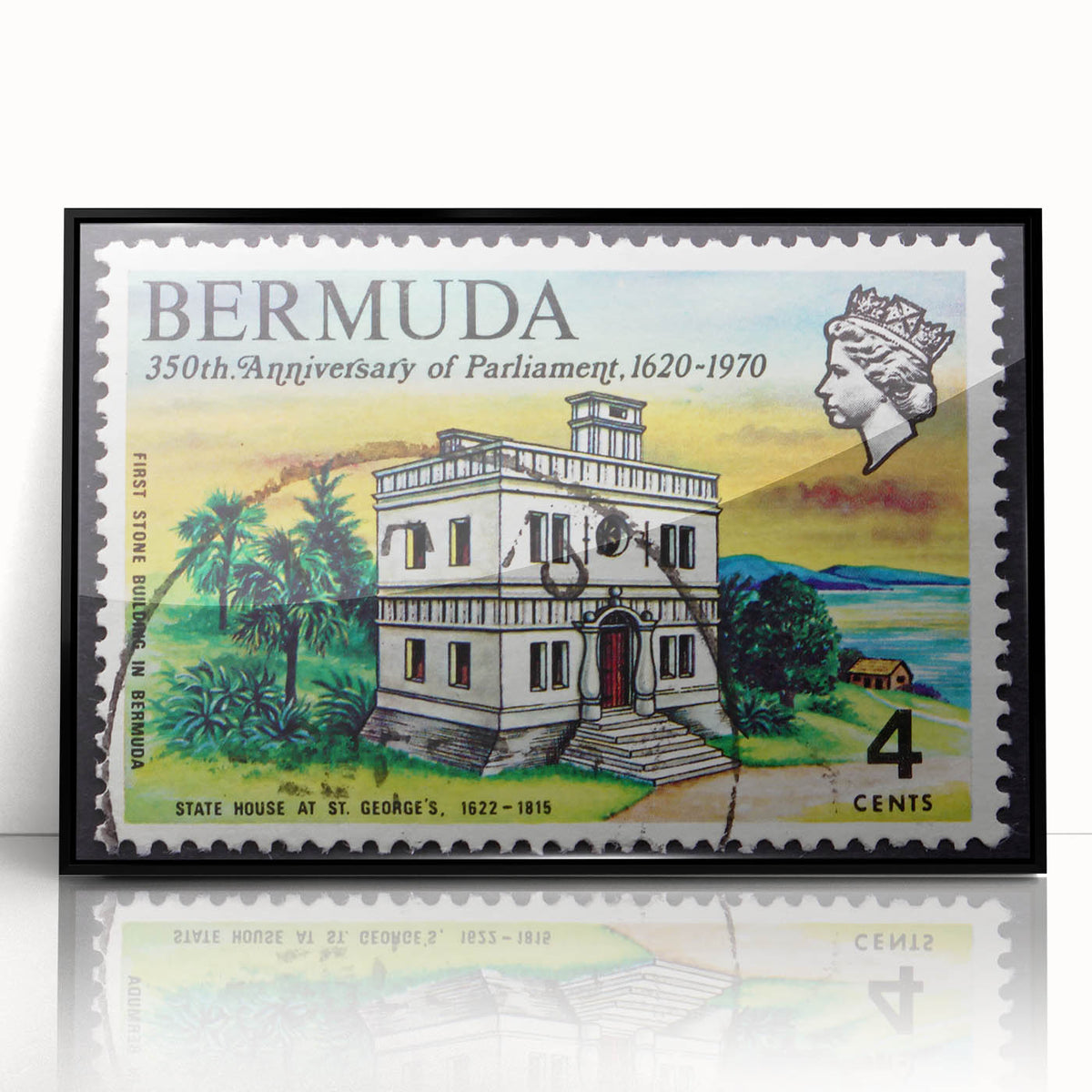 Large abstract wall art depicting a Caribbean scene in muted blue and green tones, framed in black acrylic.