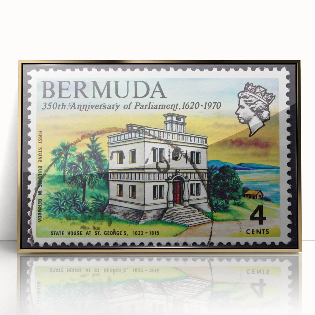 Art deco poster depicting a serene Caribbean scenery in muted gold and blue tones, framed acrylic.